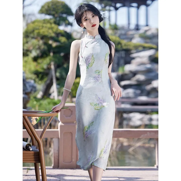 复古改良旗袍年轻款2023年夏季小众高级感修身显瘦气质印花连衣裙