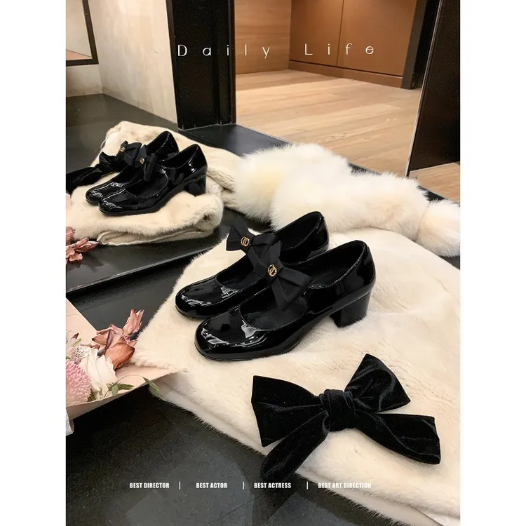 高级感牛皮版苏茵茵同款小香风真皮蝴蝶结圆头粗跟玛丽珍鞋女单鞋