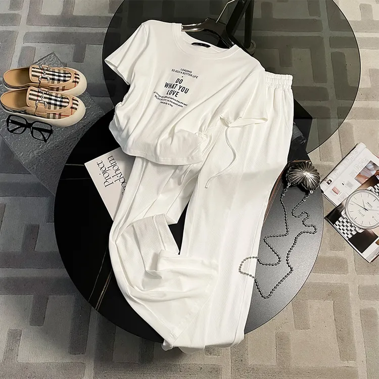 韩系白色休闲运动套装女夏洋气减龄印花抽绳短袖高腰阔腿裤两件套