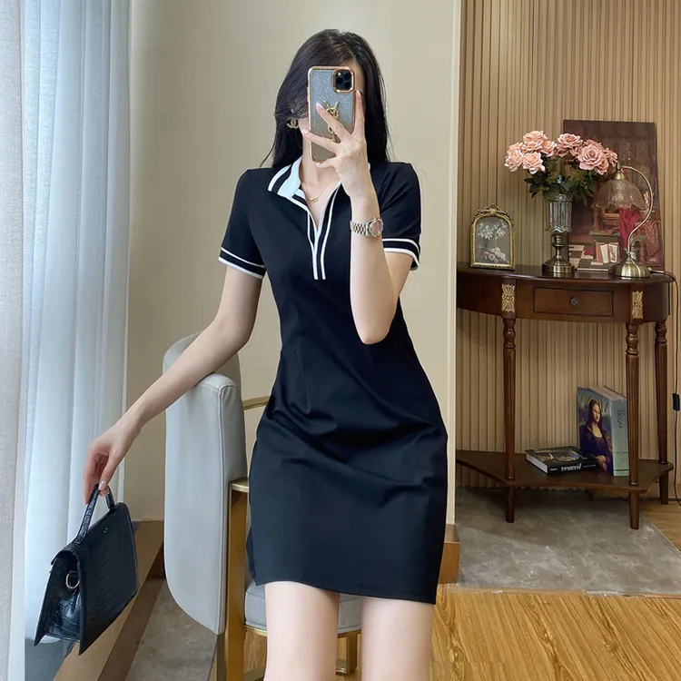 夏天polo连衣裙高级感气质t恤裙收腰修身包法式小黑裙休闲A字裙