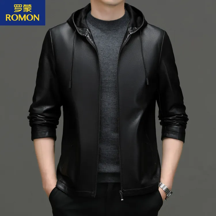 Romon/罗蒙新款男士中青年连帽高档休闲口袋帅气时尚秋冬皮夹克