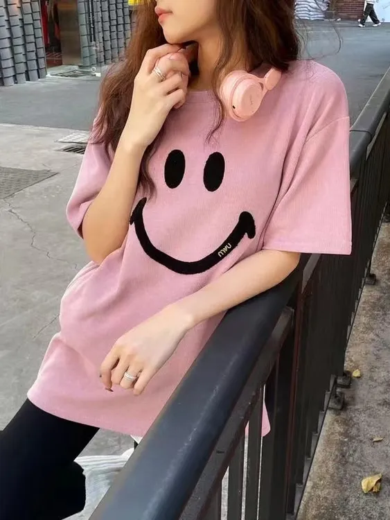 阿婷家88861【笑脸厚T恤】春夏洋气T恤中长款简约T恤夏季百搭卡通