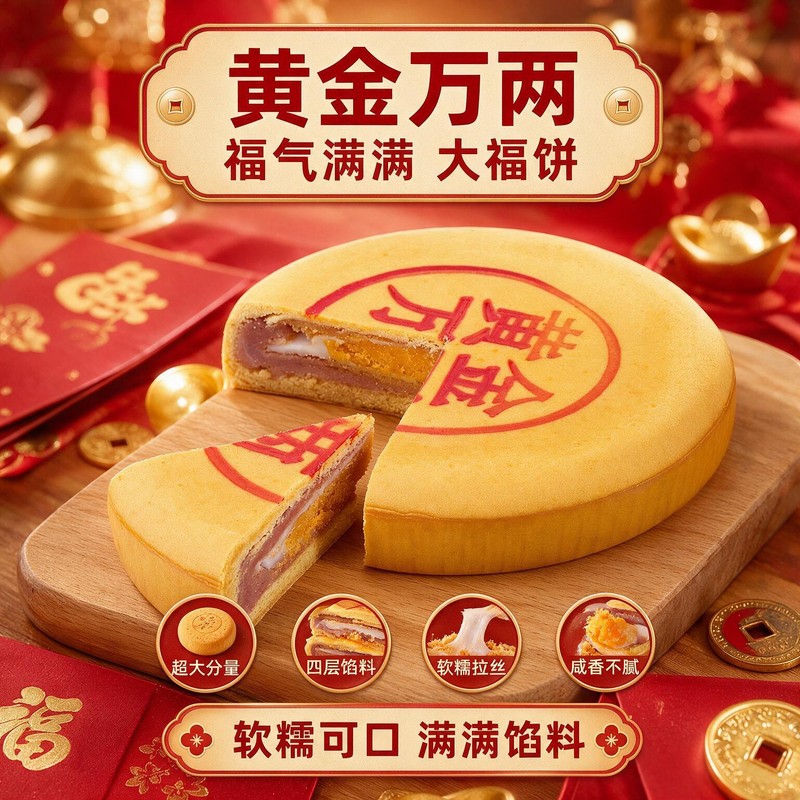 黄金万两大福饼500g超大网红芋泥麻薯蛋黄肉松大月饼节日伴手礼糕