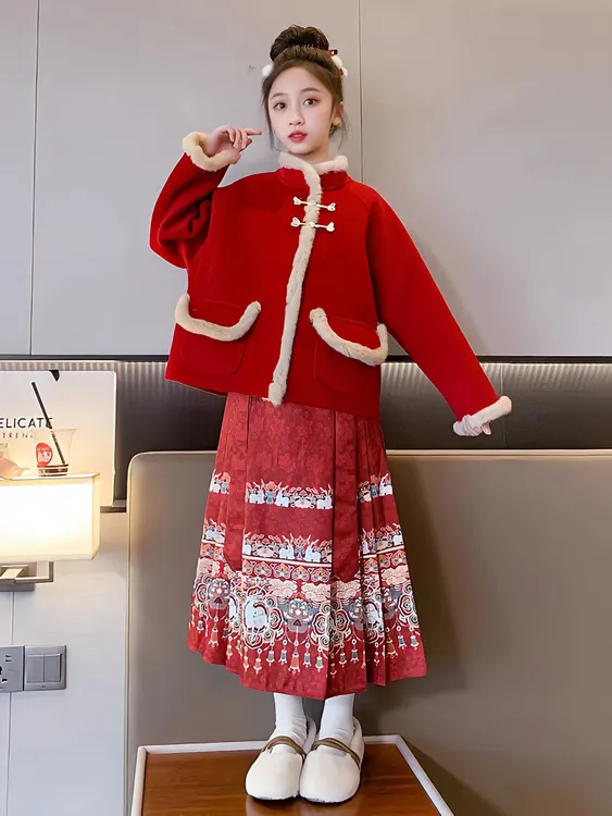 女童马面裙套装冬季2023新款洋气儿童中国风汉服加厚唐装拜年服红