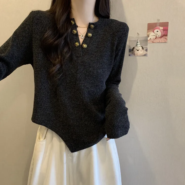 小香风V领正肩长袖T恤女秋冬新款大码微胖mm显瘦不规则打底衫上衣