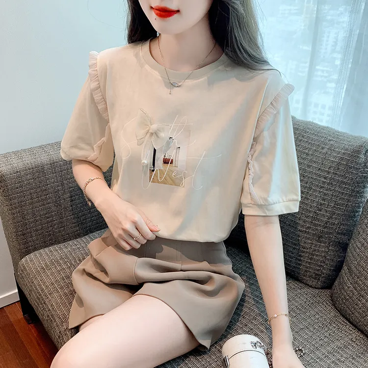 2024新款时尚气质木耳边拼接T恤女士蝴蝶结印花甜美短袖上衣夏季
