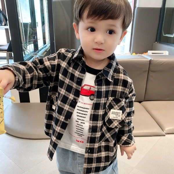 男童格子长袖衬衫2024春秋季新款宝宝上衣小童开衫洋气儿童衬衣