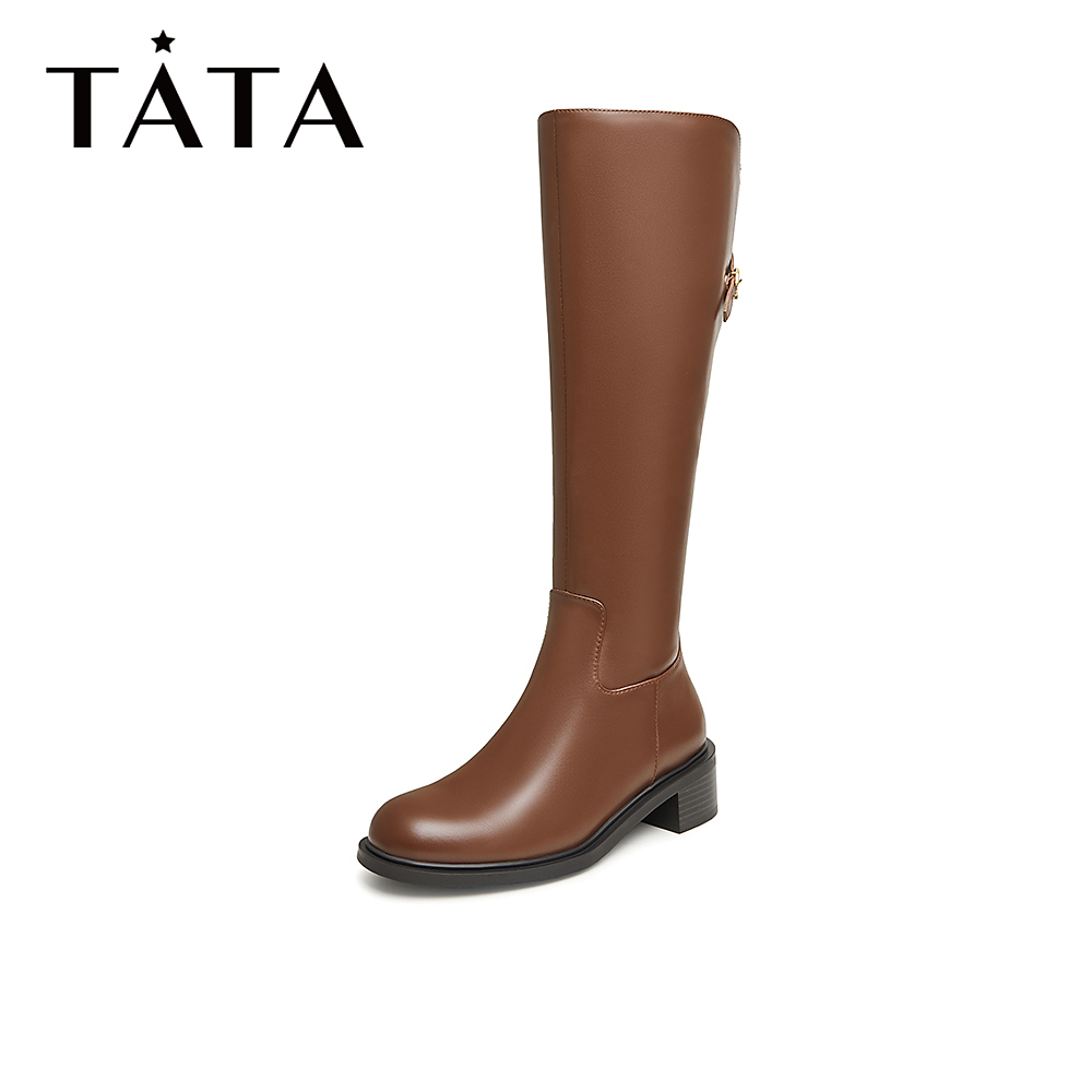 Tata/他她冬季简约过膝厚底长筒圆头骑士靴女新款7XF82DG3