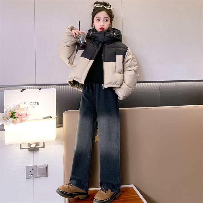 女童羽绒服套装冬装2023新款洋气女大童加厚面包服儿童加绒牛仔裤
