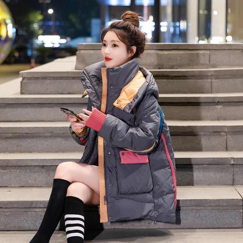 雪中飞服女2023新款冬季拼色韩版宽松显瘦中长款连帽外套