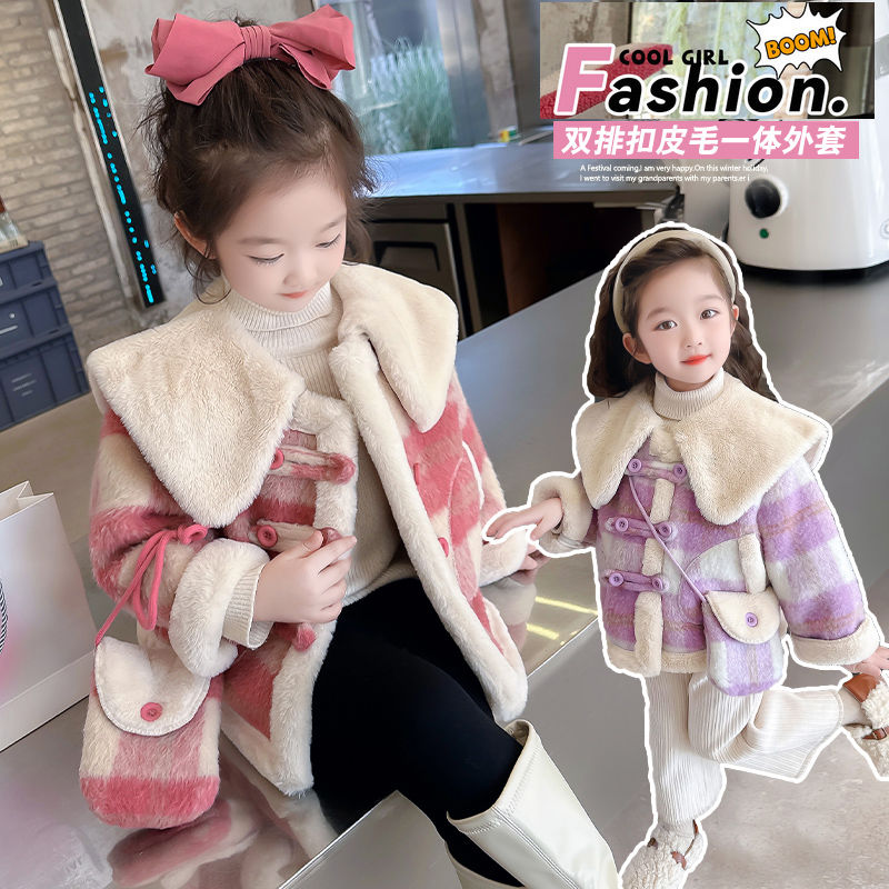 女童呢子外套2023新款女宝宝格子加绒加厚秋冬款儿童洋气网小女孩