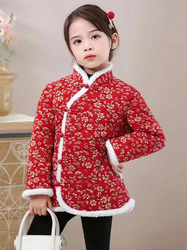 中国风女童印花兔毛棉衣洋气保暖宝宝拜年服男女童东北大花棉外套