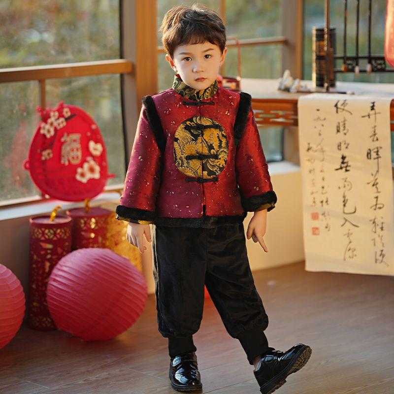 汉服男童冬款中国风儿童唐装拜年服加绒套装冬季男孩过年喜庆衣服