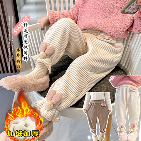 女童秋冬季加绒松紧腰裤子中小童2023新款时尚保暖一体绒休闲裤潮