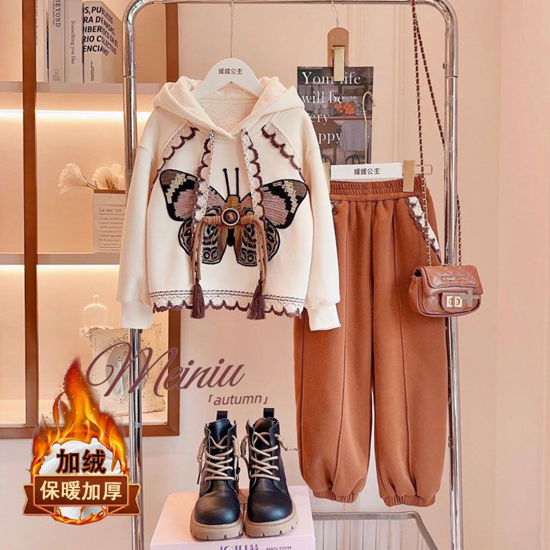 女童秋冬套装2023中大儿童加绒加厚连帽休闲运动套装儿童深秋衣服