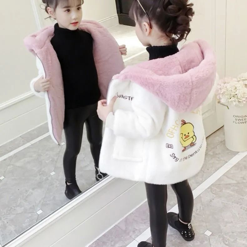 2023新款水貂绒女童秋冬外套加厚童装韩版潮中大儿童加厚呢子大衣