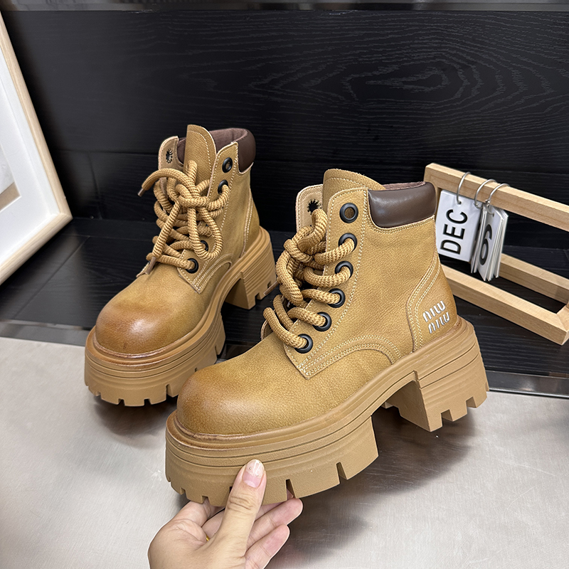 小个子神器松糕厚底马丁靴女粗跟短靴子擦色增高工装大黄靴英伦风