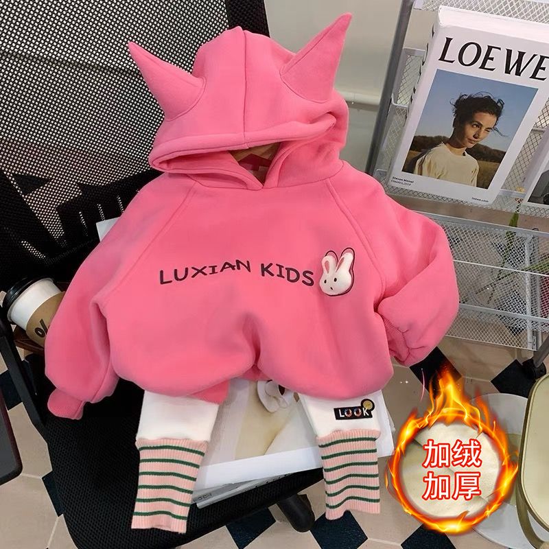 女童冬季加绒连帽运动套装2024新款宝宝小童洋气女宝加厚两件套潮
