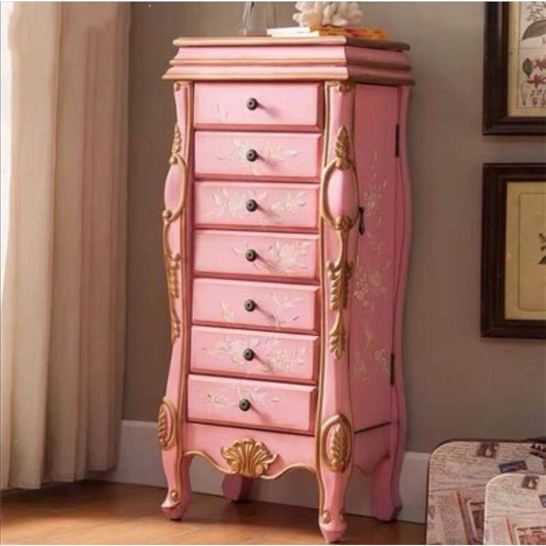 时尚【小扬哥推荐】美式彩绘七斗柜带镜子首饰柜家用边柜收纳柜公