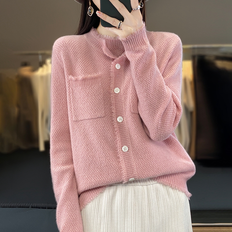 秋冬新款针织纯羊毛衫女圆领毛边珠片纱宽松针织外套长袖显瘦上衣