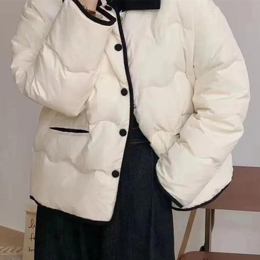 羽服绒2024新款韩版灯芯绒翻领菱格拼接小香风轻薄女短款