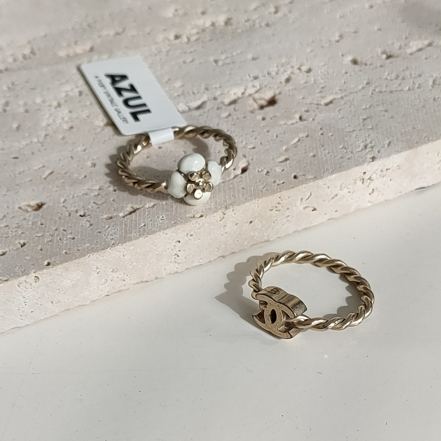 95新 Chanel/香奈儿 Azul中古-Chanel浅金色山茶花一对戒指12800