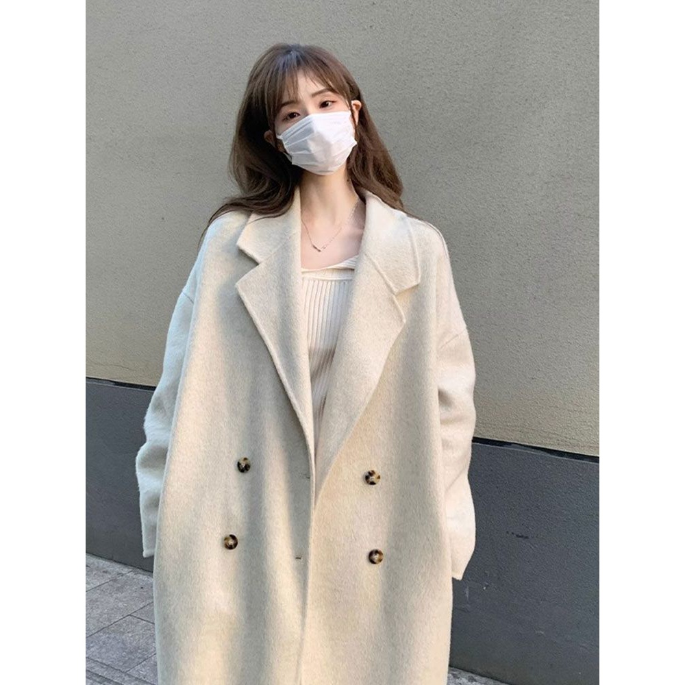 xh长款毛呢外套女2023新款秋冬韩系学生过膝大衣双排扣慵懒风大衣