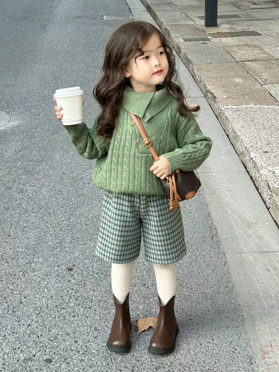韩国童装2023秋冬新款半高领针织套头毛衣上衣儿童时尚千鸟格中裤