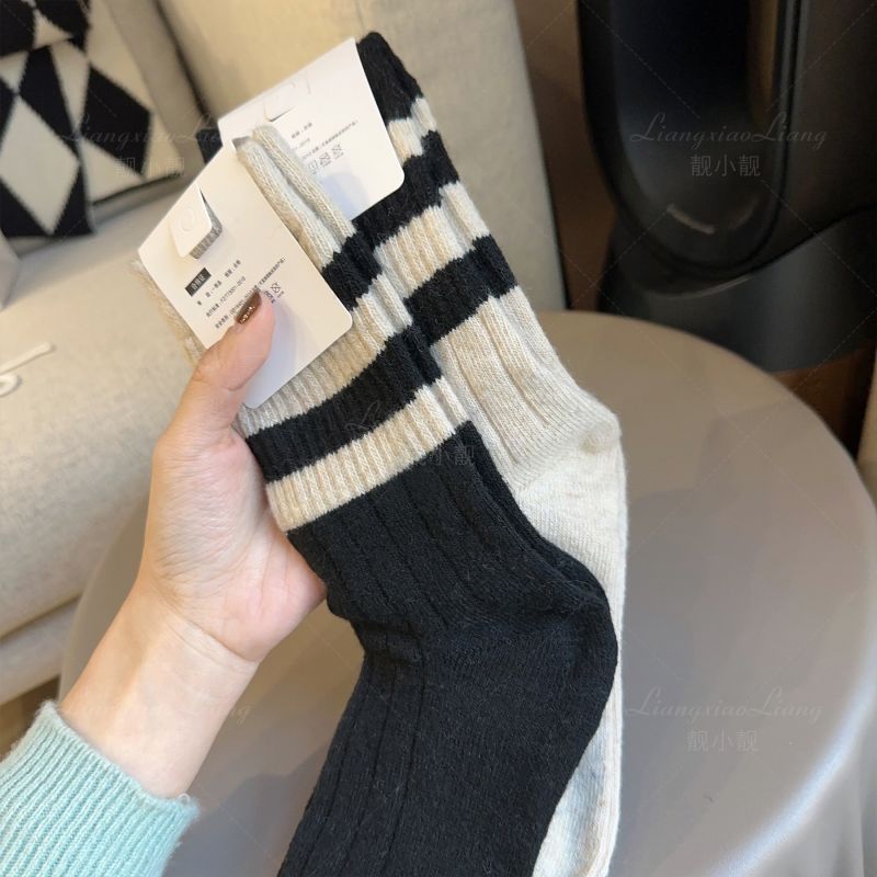 百搭学院风堆堆袜配鲨鱼裤的袜子女中筒袜秋冬条纹运动长筒袜春秋