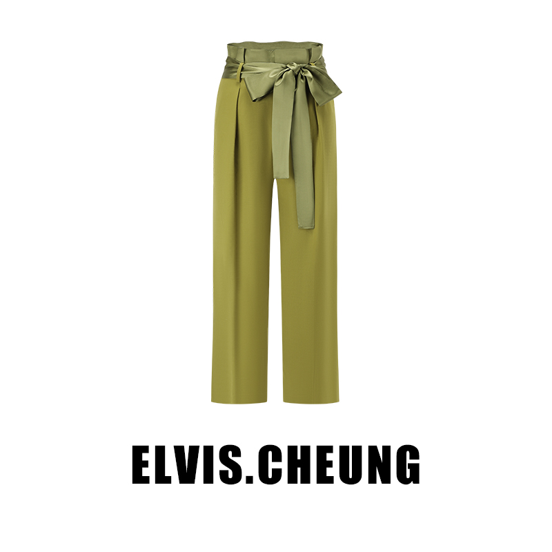 ELVIS.CHEUNG·開運精纺羊毛缎面高腰头系带直筒裤绿【自播专享】