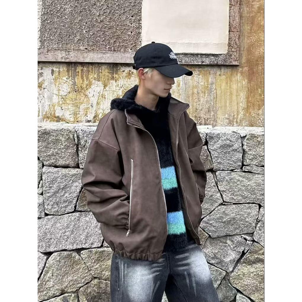 美式做旧PU皮立领夹克棉服外套冬季夹棉机车皮衣oversiz