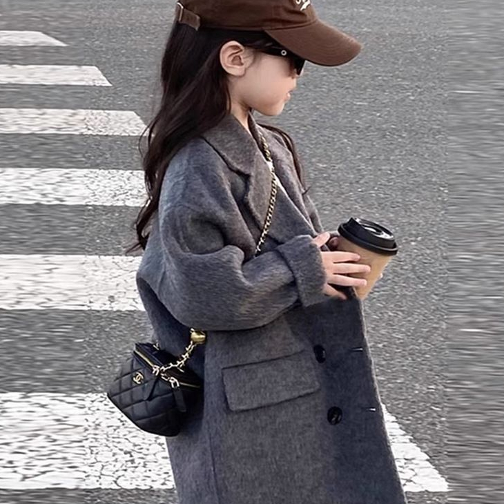 品牌断码韩版时髦中长款呢子大衣中大童保暖西装领毛呢外套男女童