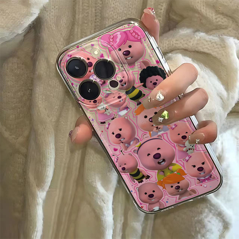 适用可爱粉色loopy海狸苹果15太空iphone14手机小熊少女透明全包