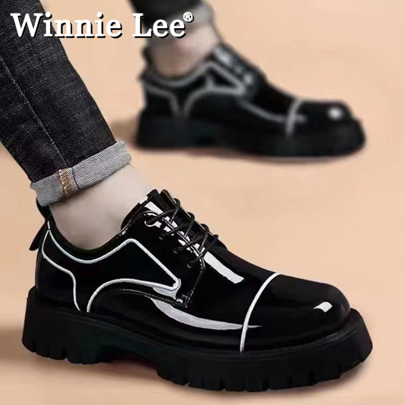 Winnie Lee黑色皮鞋男厚底英伦商务正装男鞋秋季潮流圆头休闲鞋男