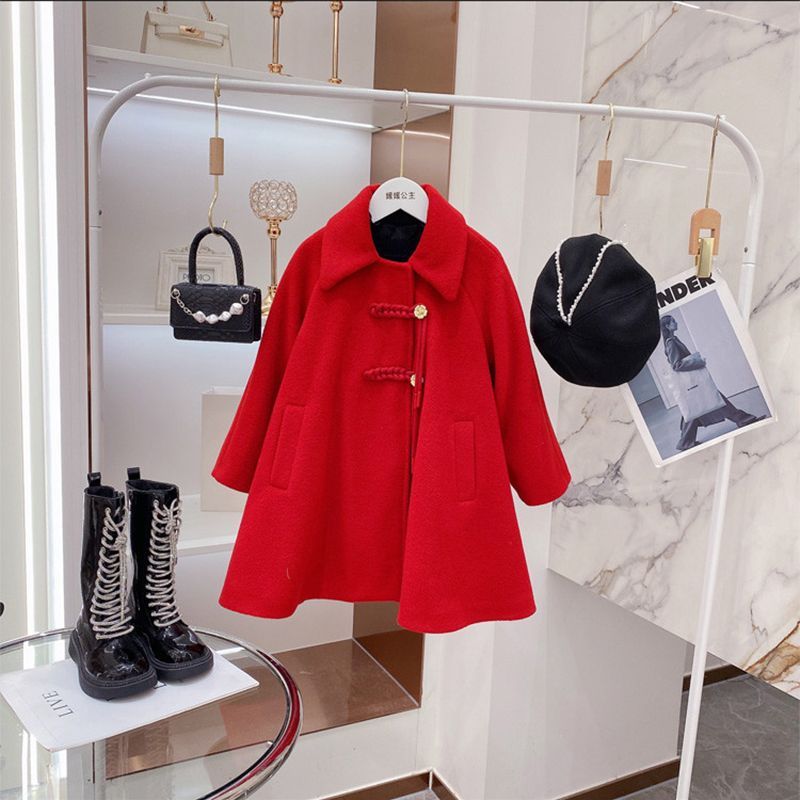 女童毛呢大衣2023秋冬款加棉加厚中大童时髦洋气红色呢子外套儿童