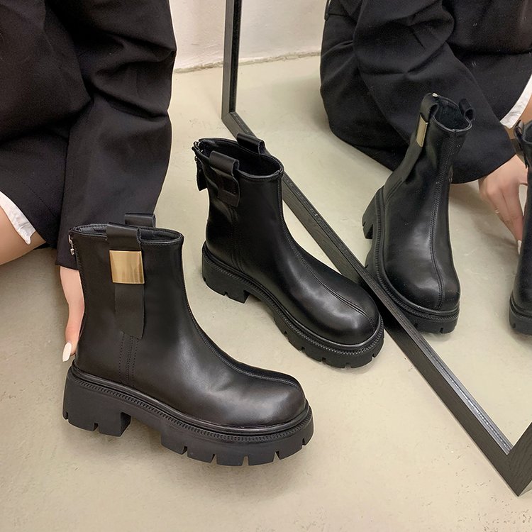 黑色马丁靴女2023秋冬新款英伦厚底加绒弹力瘦瘦靴后拉链复古短靴