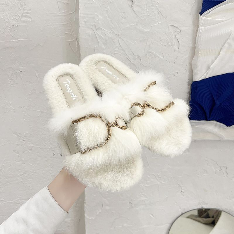 真兔毛毛拖鞋女外穿ins潮2022年秋冬新款网红仙女居家平底棉拖鞋