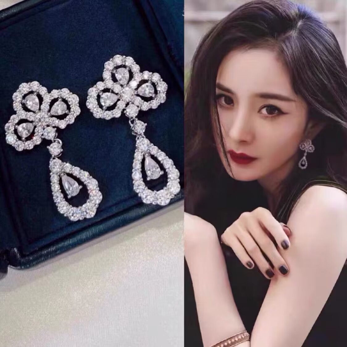 超闪花朵水滴耳环轻奢高级感流苏耳坠气质名媛纯皇冠礼服耳饰新款