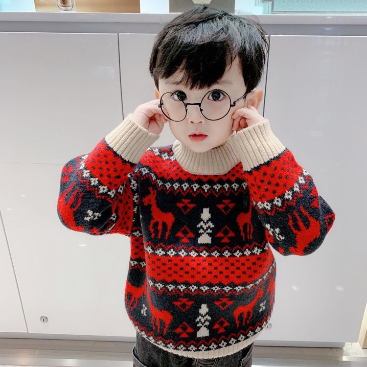秋冬款男童毛衣装加厚红色儿童针织衫套头秋冬打底衫宝宝新年毛衣