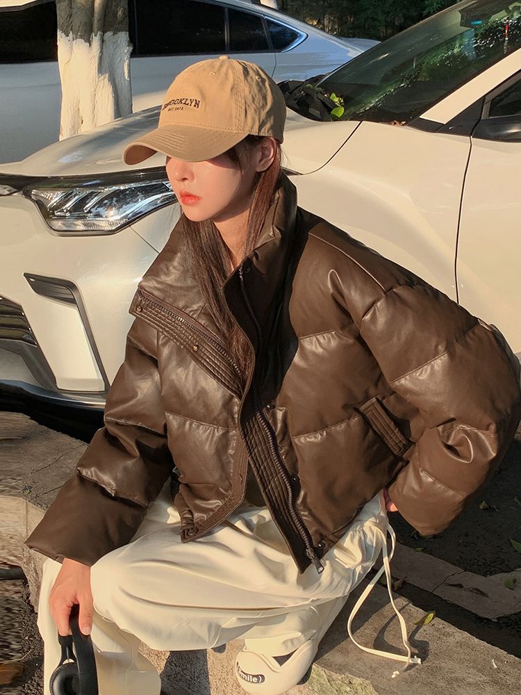 波司羽绒服2023新款爆款美拉德pu皮女款季小个子短款百搭防寒加