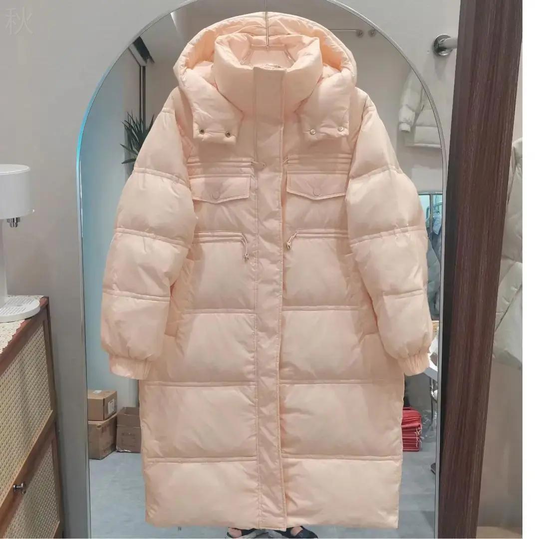 23精选冬装多巴胺羽绒服女中长款过膝长款连帽收腰白鸭绒外羽绒服