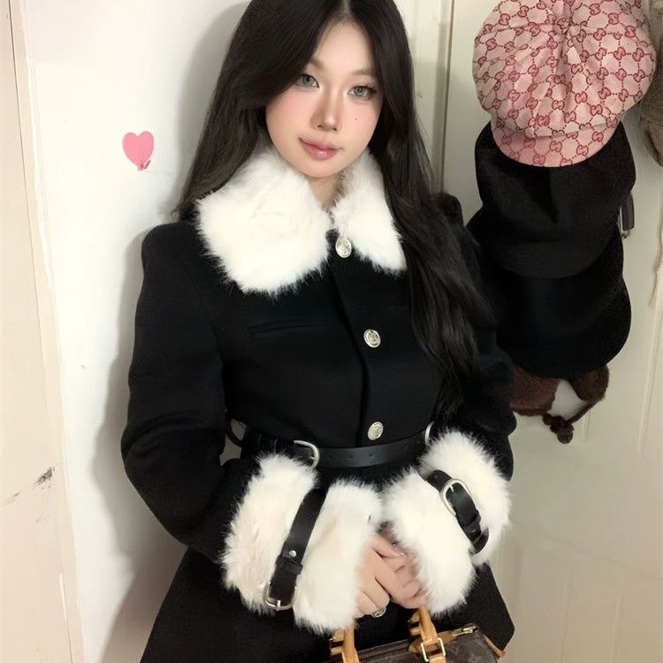 百搭冬季时尚气质保暖加绒富家千金拼接韩版连衣裙外套女春秋气潮