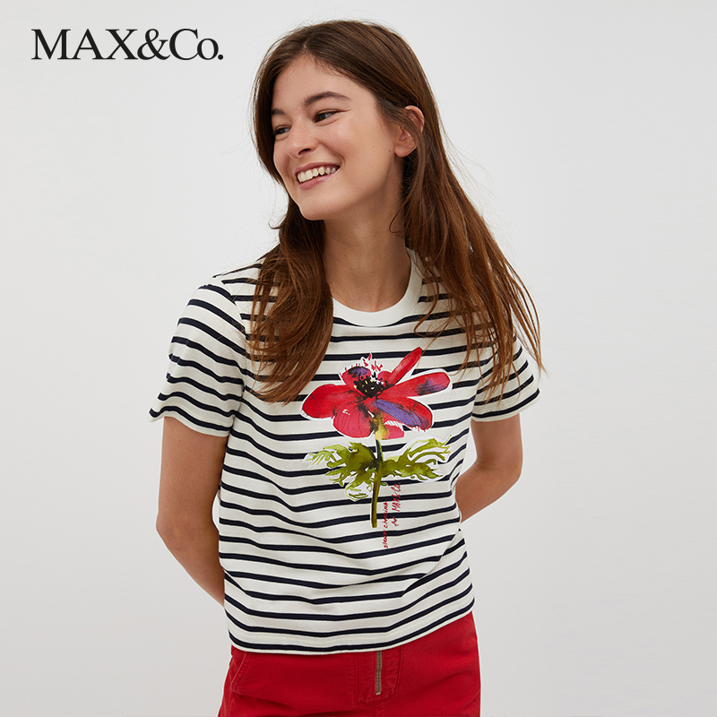 MAX&Co.夏季新款LETSDRAW!系列棉质圆领条纹休闲短袖T恤女maxco