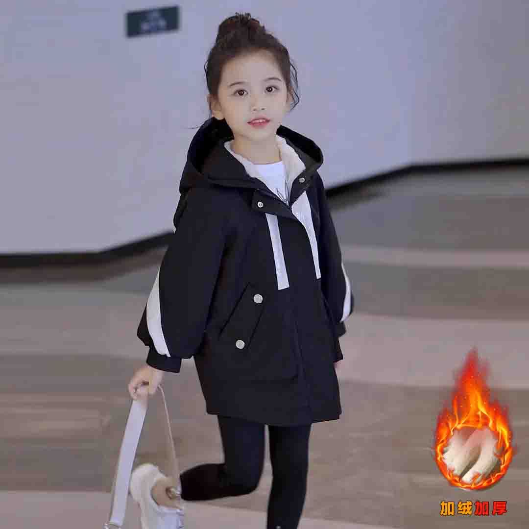 女童冬季外套加绒派克服2023冬新款加绒加厚休闲加绒加厚女孩棉衣