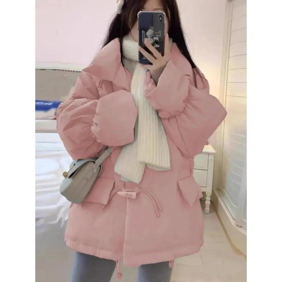 迹逅2023新款羽服女韩版宽松牛角扣面包服秋冬季厚外套女短小个子
