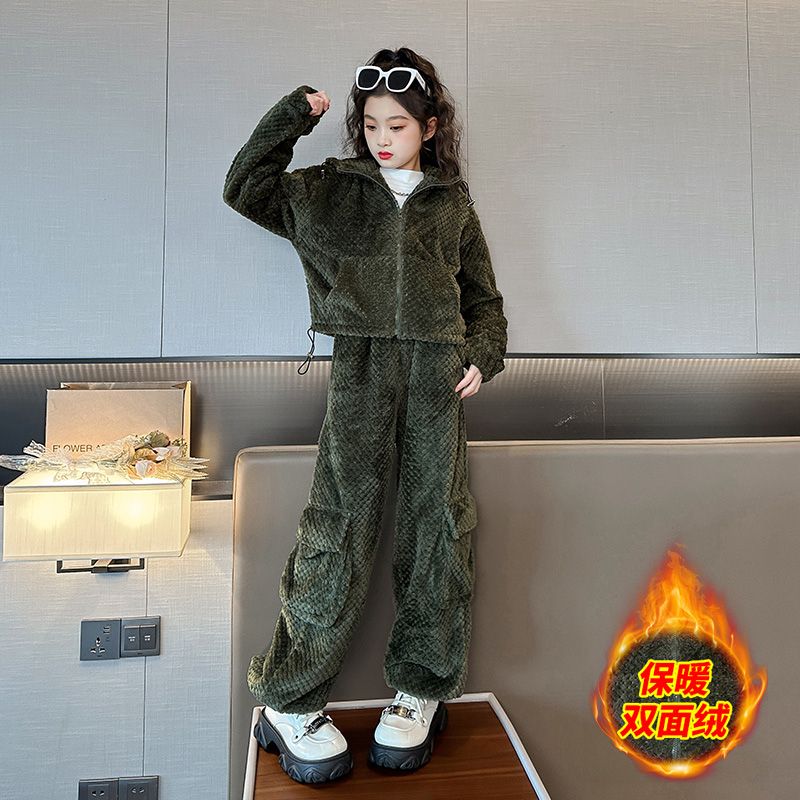 女童双面绒套装冬装2023新款中大童洋气时髦秋冬儿童加厚休闲衣服