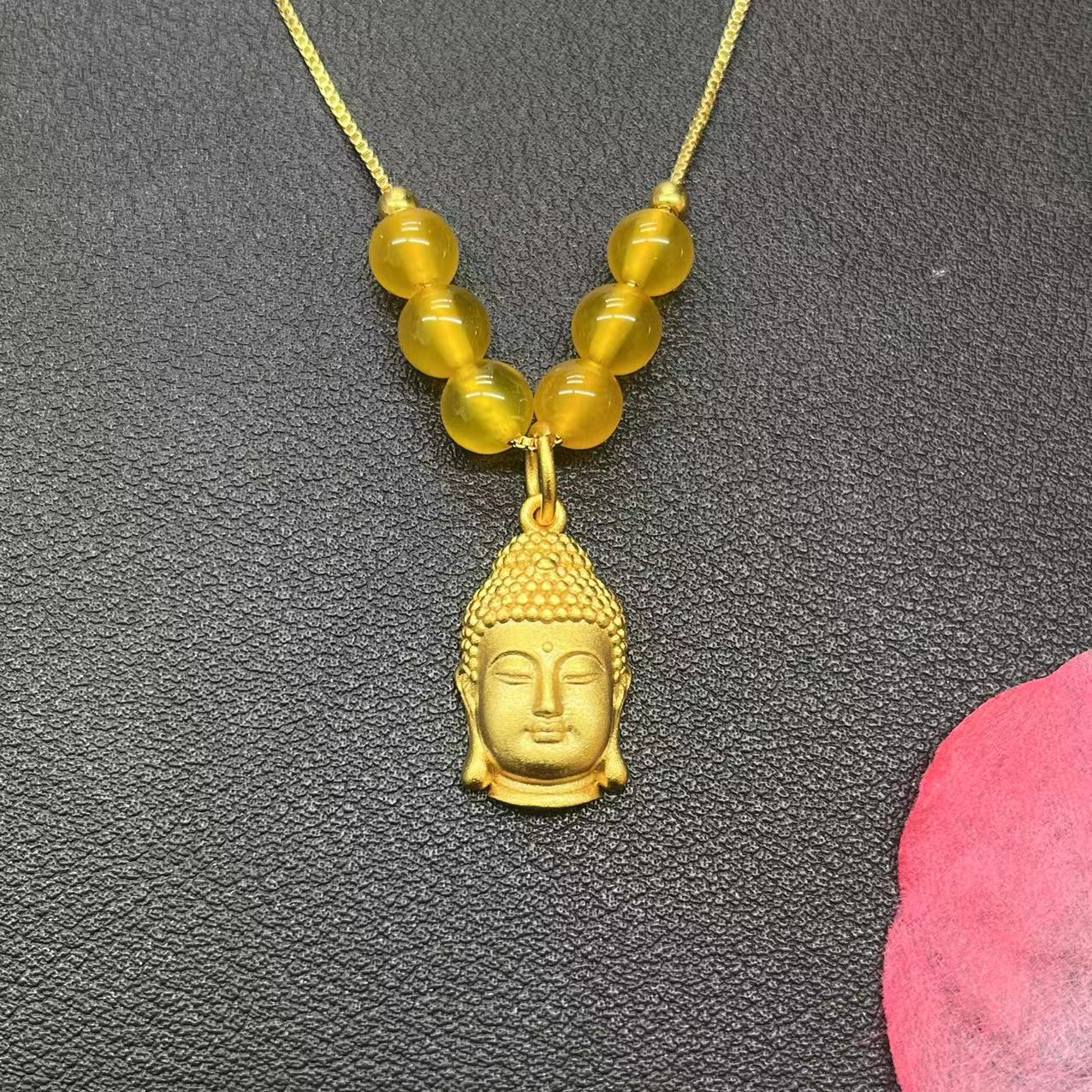 中国金店-足金999金珠满蜜玄黄玛瑙手工古法佛头吊坠G500