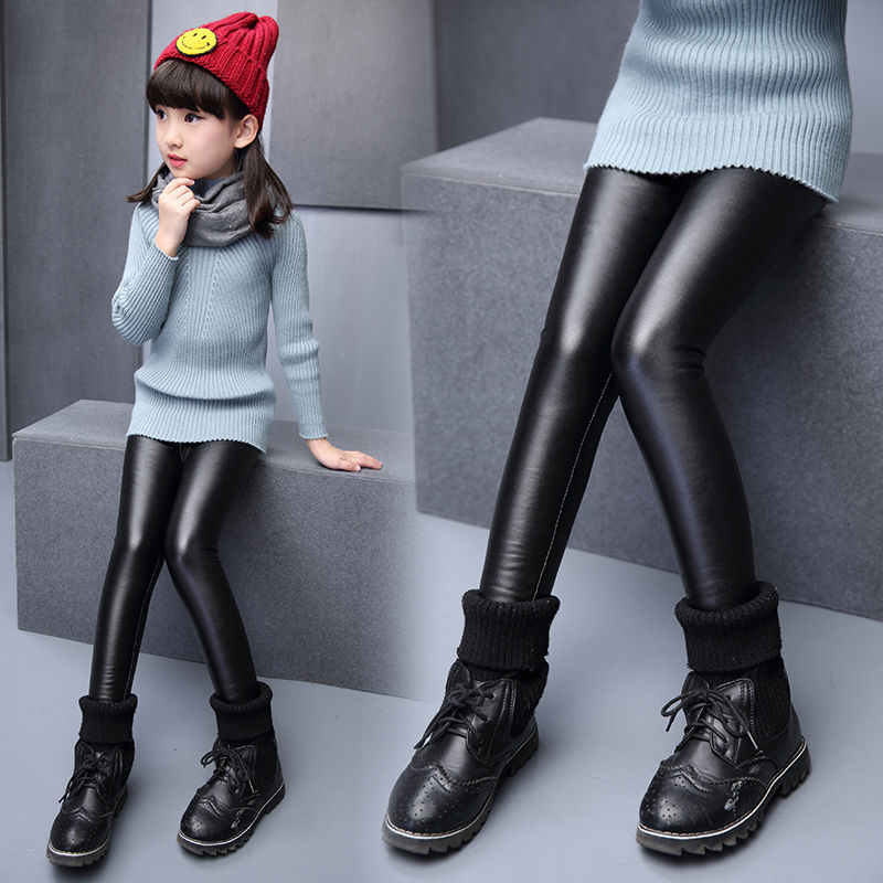 儿童装裤子女童秋冬装加绒加厚皮裤小女孩修身打底裤中大童pu靴裤