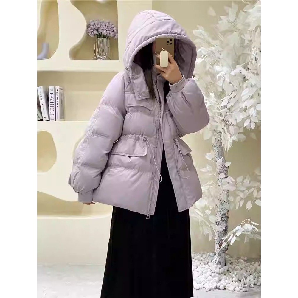 清廷心2023新款韩系芋泥紫收腰羽绒服女常规款冬装加厚连帽外套款