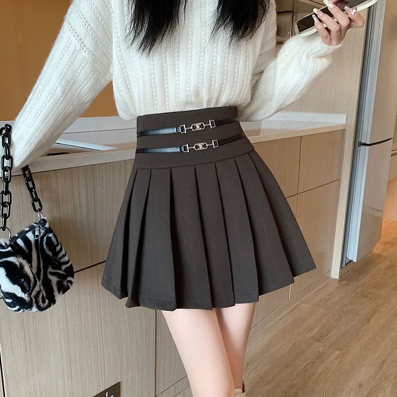 毛呢百褶半身裙女春秋冬季2023新款a字小个子冬天配毛衣高腰短裙